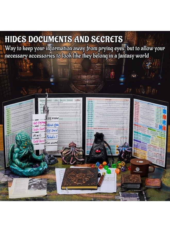 CZYY شاشة مدير الزنزانة Dnd بأربعة ألواح مع جيوب جلد صناعي مزخرف بتقنية 3D مع إدراج شاشة DM وحافظة تخزين تتضمن كاثولو - Image 3