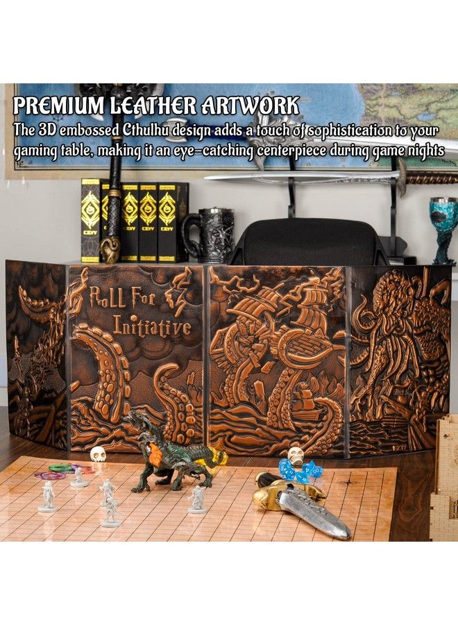 CZYY شاشة مدير الزنزانة Dnd بأربعة ألواح مع جيوب جلد صناعي مزخرف بتقنية 3D مع إدراج شاشة DM وحافظة تخزين تتضمن كاثولو - Image 4