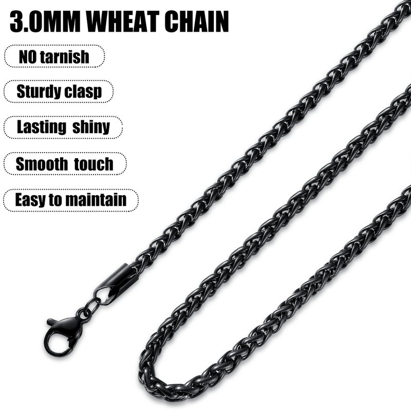 Fiusem Black Wheat Chains for Men and Women, 3mm Stainless Steel Necklace Chains, Mens Necklace 20 Inch - Image 5