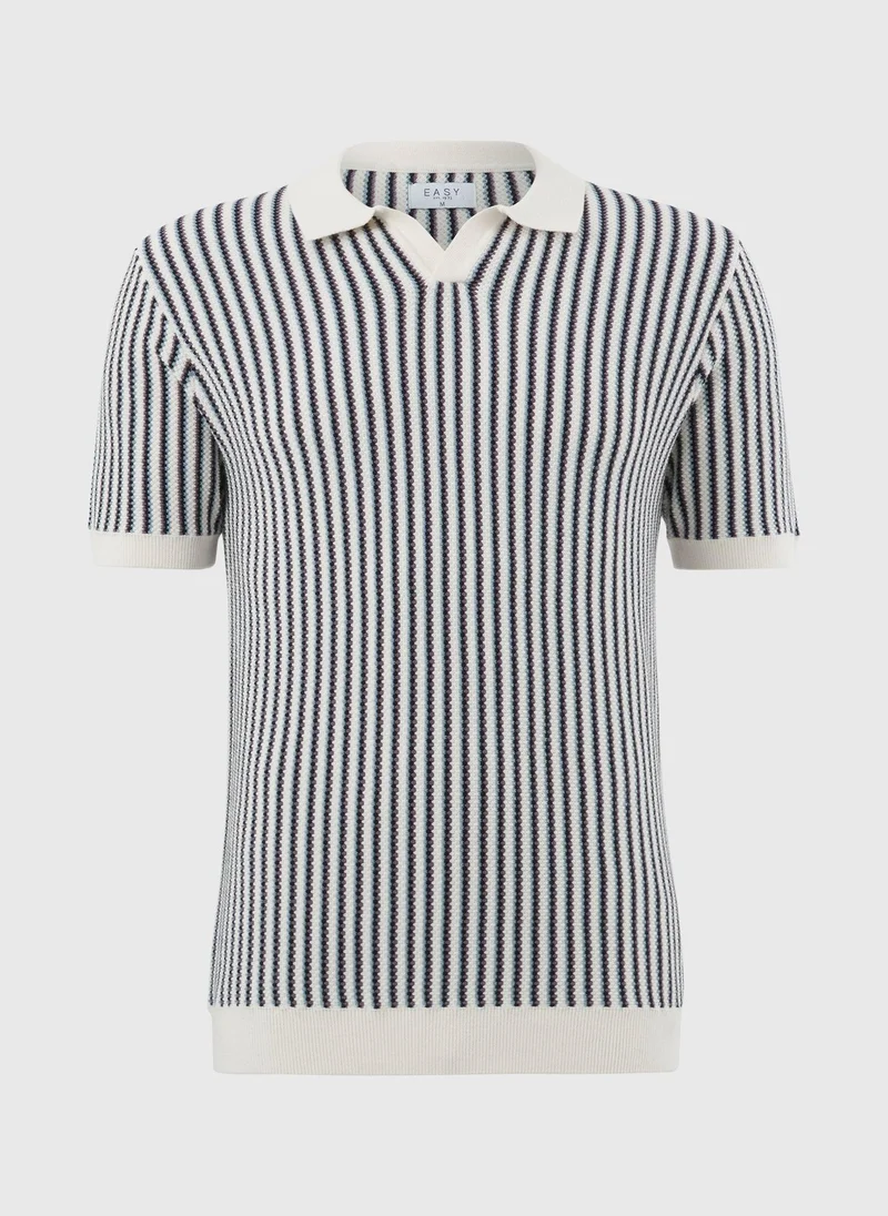 Matalan Black/White Ecru Stripe Revere Knitted Polo Shirt for Men | Best Price UAE