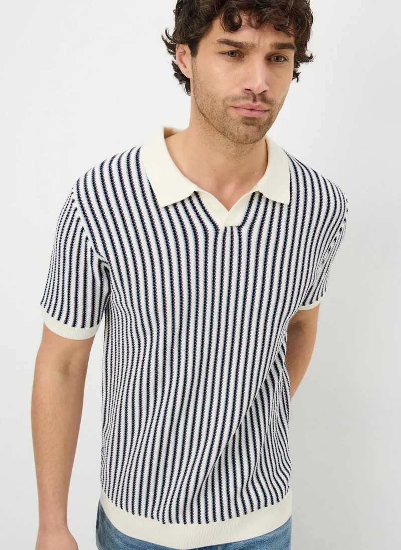 ماتلان Ecru Stripe Revere Knitted Polo Shirt