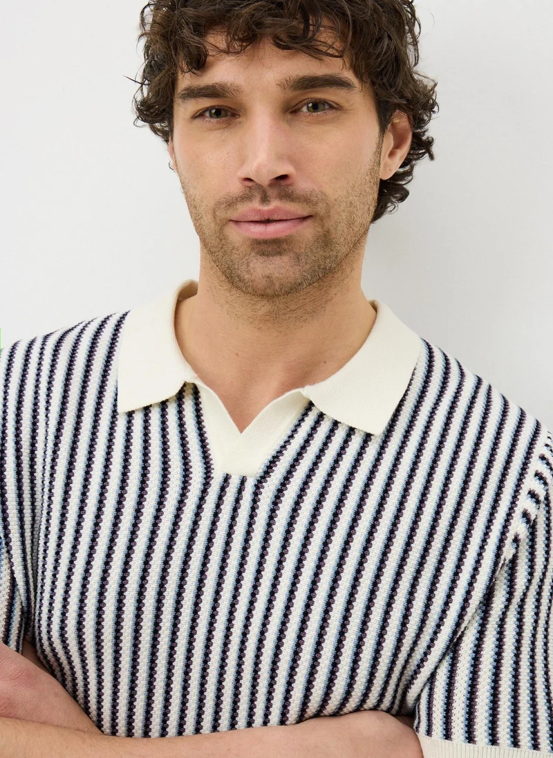 ماتلان Ecru Stripe Revere Knitted Polo Shirt