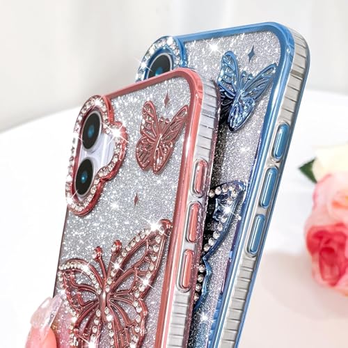 Elzzi Electroplated Butterfly Phone Cover for iPhone16 Plus Case, Showcasing Pearlescent Diamond Soft TPU, Camera Protection, Shockproof, Dropresistant Stylish for Girls & Women (Blue) - Image 3