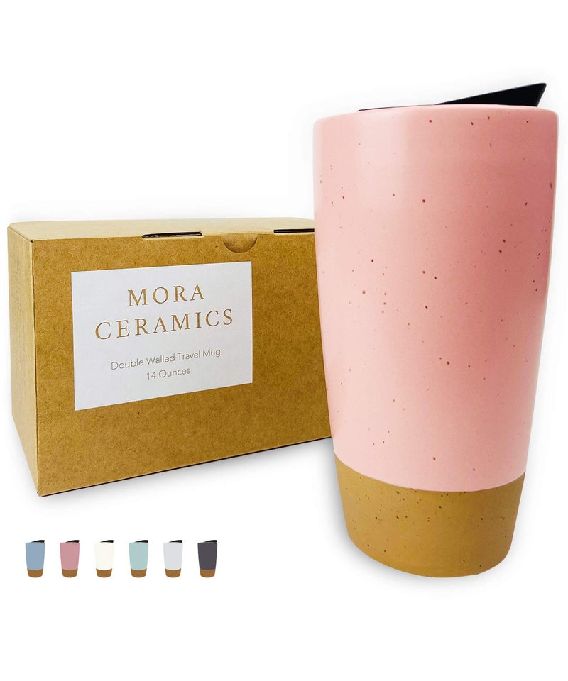 Mora Double Wall Ceramic Coffee Travel Mug with Lid 14 oz Portable Microwave Dishwasher Safe Insulated Reusable Tall Cup Splash Resistant Lid  To Go Tumbler for Car Cup Holder Pink Salt
