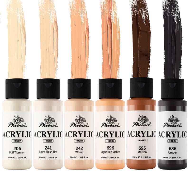 PHOENIX Skin Tone Acrylic Paint - 6 Neutral Colors x 2 Fl Oz / 59ml Flesh Colored Model Paint Set, Plastic Miniature Figures Paints for Adults, Brown Acrylic Paints for Canvas Painting - Image 1