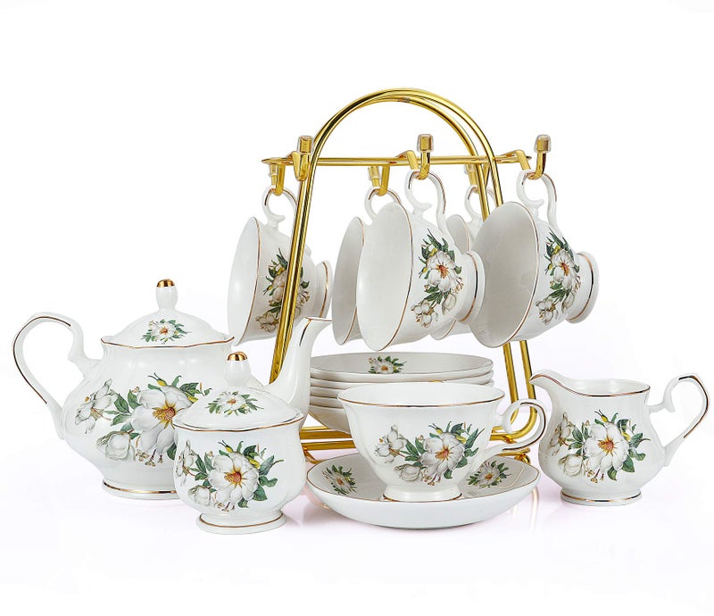 CHENPHMC Porcelain Tea Set Tea Cup Set 22Piece Porcelain Ceramic Coffee Tea Gift Sets Cups Saucer Service for 6 Teapot Sugar Bowl Creamer Pitcher and Teaspoons tea pot setsCamellia