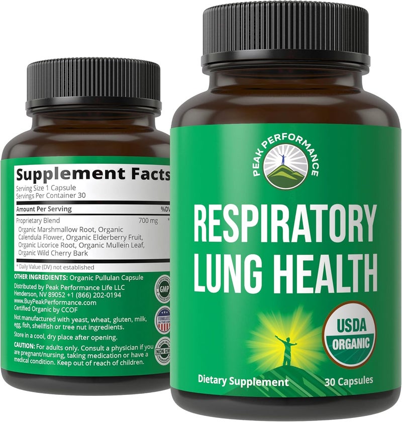 Peak Performance USDA Organic Lung Detox For Smokers And Non Smokers with 6 Top Ingredients Mullein Leaf Marshmallow Root Calendula Lungs Cleanse For Better Respiratory Health Lung Support Capsules Supplement - Image 1