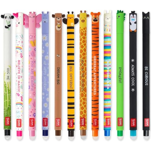 LEGAMI Set of 12 Erasable Gel Pens with Thermosensitive Erase Ink Range of ink colours barrel designs 07mm Tip Animal Designs - Image 1