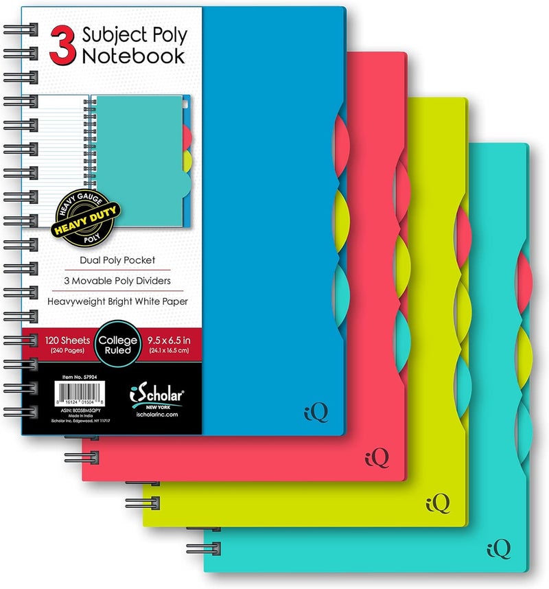 iScholar iQ 3 Subject Poly Cover Double Wire Notebook - College Rule, 9.5 x 6.5 Inches, 120 Sheets, Assorted Colors - Image 2