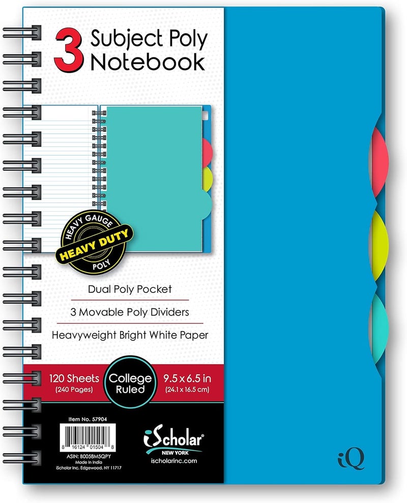iScholar iQ 3 Subject Poly Cover Double Wire Notebook - College Rule, 9.5 x 6.5 Inches, 120 Sheets, Assorted Colors - Image 1