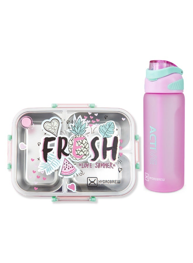 Hydrobrew Steel Core Bento Lunch Box 750ml w/ Sip Switch Tritan Water Bottle 1000ml | Leakproof 3 Compartment Meal Box – Fresh Pink - Image 1
