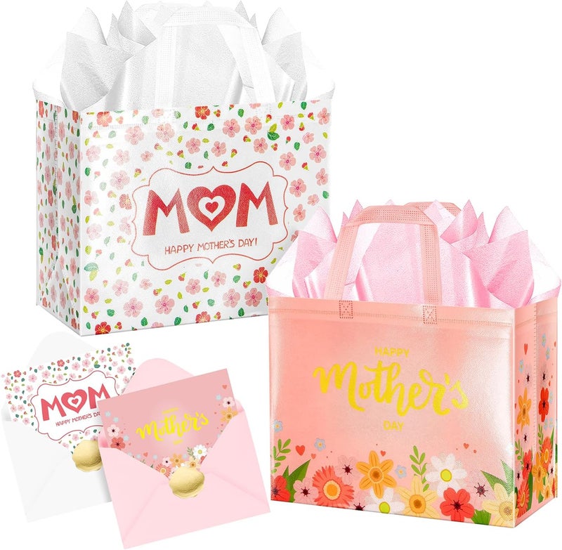 2Pcs Happy Mother's Day Gift Bags with Tissue Paper, Envelope, and Card - Image 1