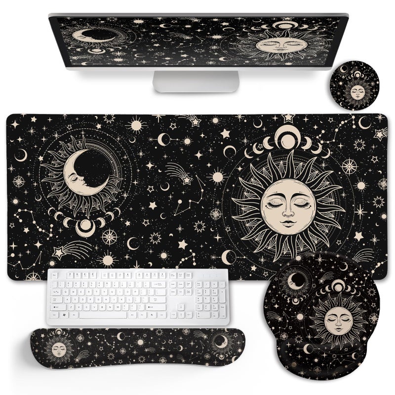 LIMKRIAN Desk Mat Desk Pad, XXL Large Gaming Mouse Pad with Wrist Rest Wrist Support, Ergonomic Mouse Pad, Keyboard Wrist Rest, Coaster, Home Office Desk Accessories Decor Supplies, Boho Sun Moon - Image 1
