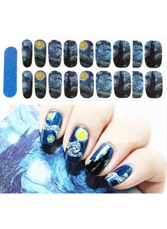 Bluezoo 3D Van Gogh's Starry Night Fullnail Stickers, Full Nail Starry Sky Art Gel Nail Polish Sticker Decals, Shimmery Glittery, Long Lasting, Easy to Apply & Remove - 2 Sheets(28 Nail Wraps) and 1 Nail File 