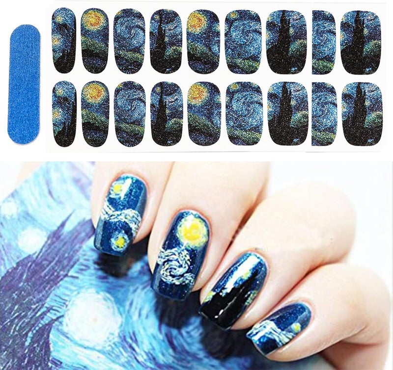 Bluezoo 3D Van Gogh's Starry Night Fullnail Stickers, Full Nail Starry Sky Art Gel Nail Polish Sticker Decals, Shimmery Glittery, Long Lasting, Easy to Apply & Remove - 2 Sheets(28 Nail Wraps) and 1 Nail File