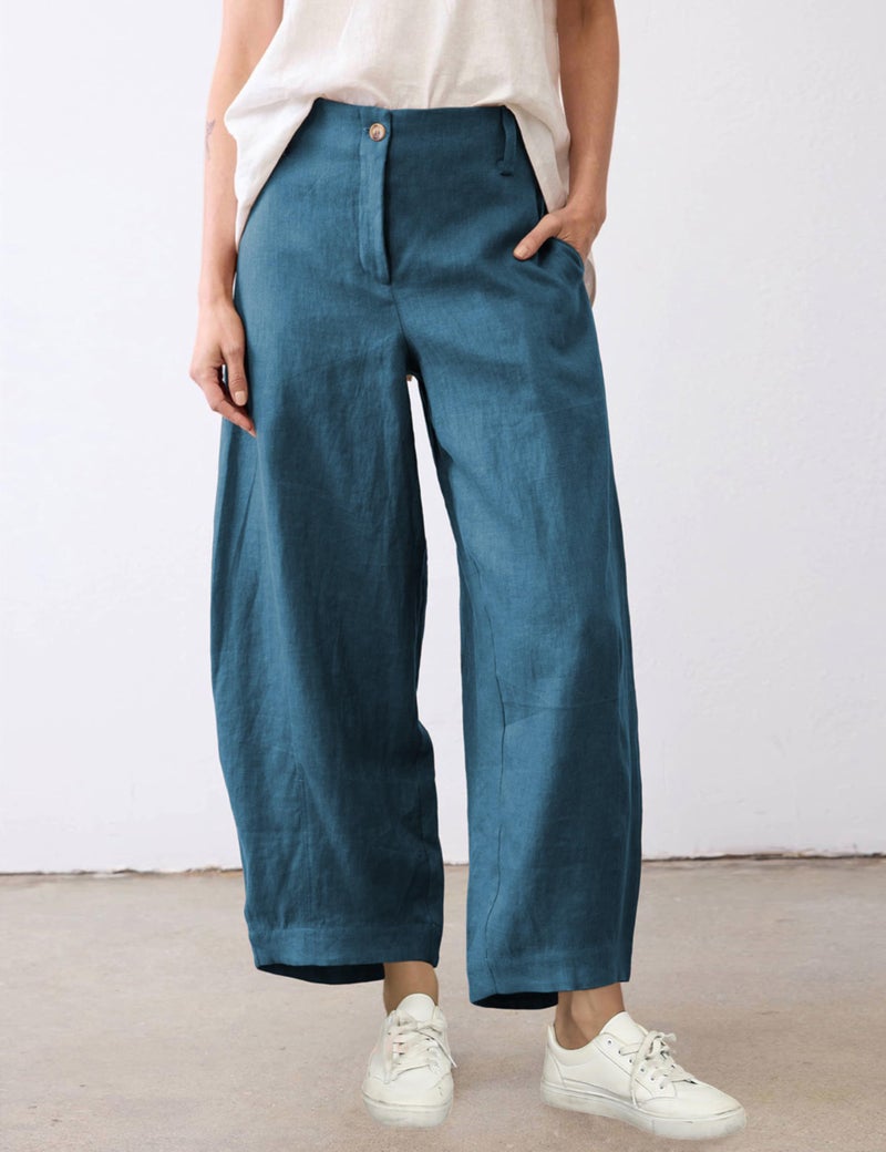 Tanming Womens Linen Pants Casual Capri Baggy Wide Leg Trousers Palazzo Pants Beach Vacation Outfits (Blue-L) - Image 2