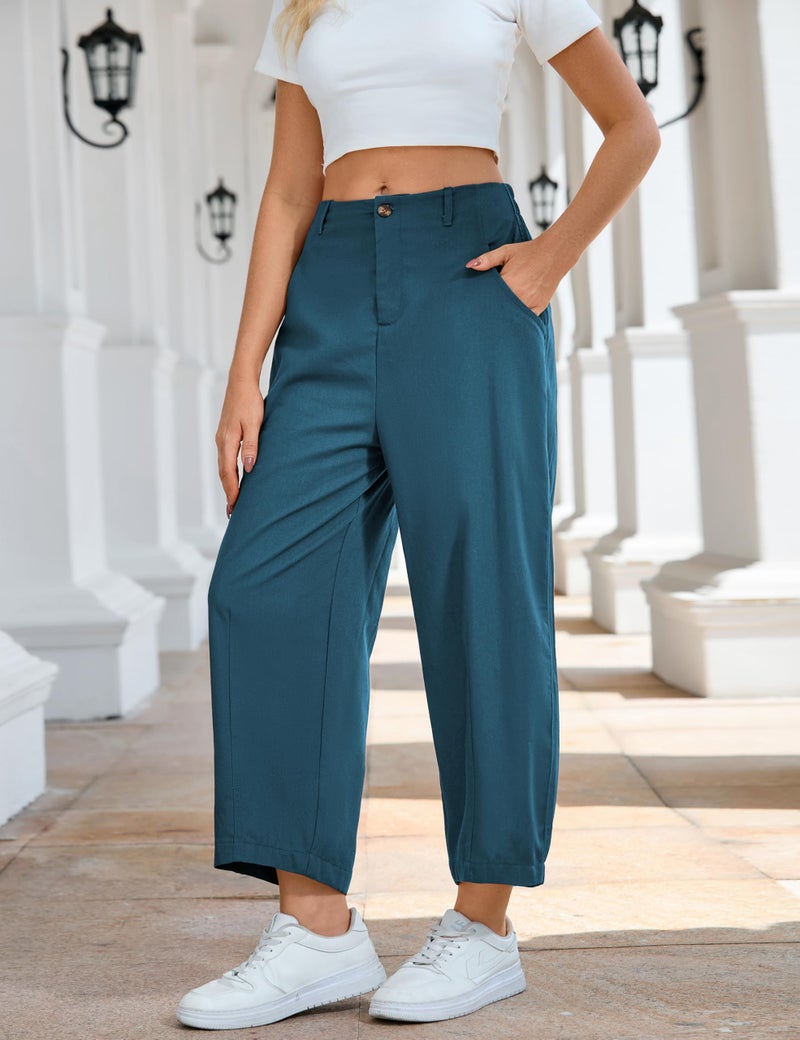 Tanming Womens Linen Pants Casual Capri Baggy Wide Leg Trousers Palazzo Pants Beach Vacation Outfits (Blue-L) - Image 4
