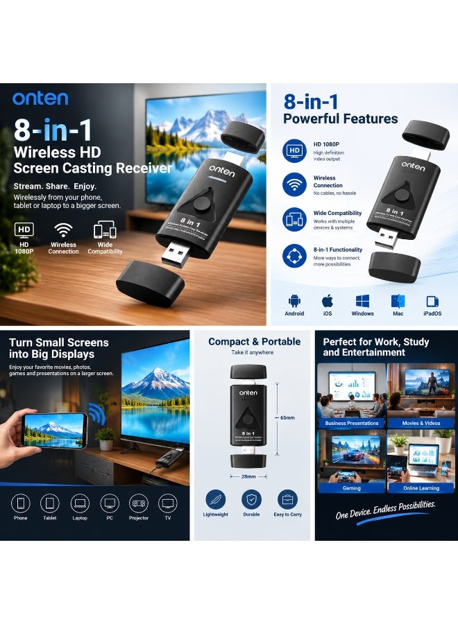 أونتن جهاز استقبال بث الشاشة اللاسلكي عالي الدقة 8 في 1 Onten OTN-WF822، أسود - Image 2