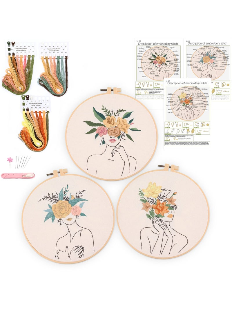 Embroidery Kit, 3-Piece Beginner Cross Stitch Kit with Pattern and Instructions, Floral Botanical Print Embroidery Cloth, Colorful Thread and Embroidery Kit Embroidery Hoops - Image 1