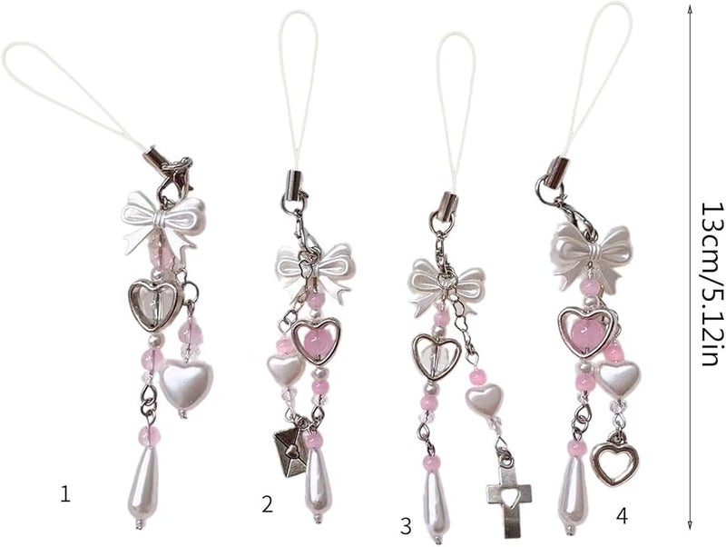 Pink Heart Beaded Phone Lanyard with Bowknot Pendant for Bag Fashion Accessory - Image 5