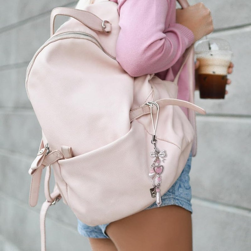 Pink Heart Beaded Phone Lanyard with Bowknot Pendant for Bag Fashion Accessory - Image 4