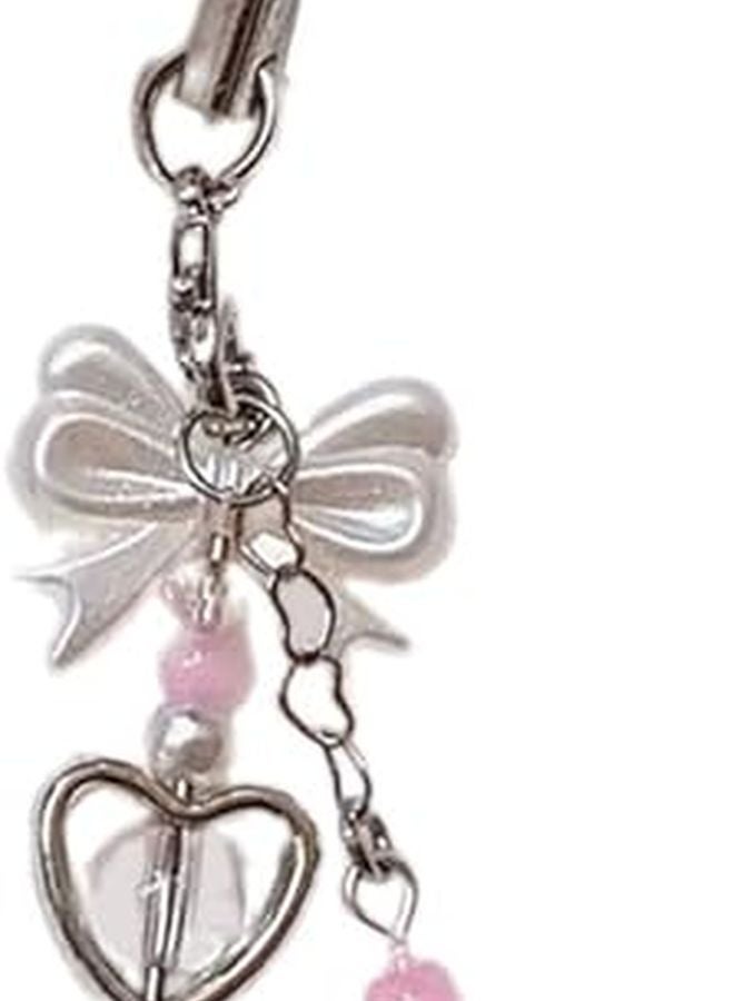 Pink Heart Beaded Phone Lanyard with Bowknot Pendant for Bag Fashion Accessory - Image 2