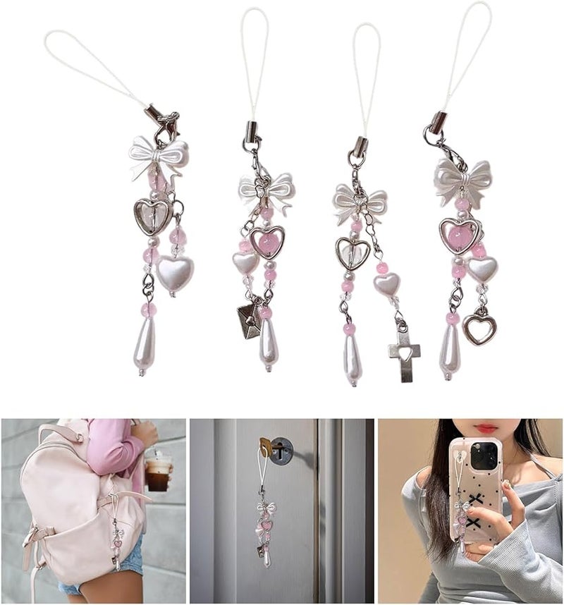 Pink Heart Beaded Phone Lanyard with Bowknot Pendant for Bag Fashion Accessory - Image 3