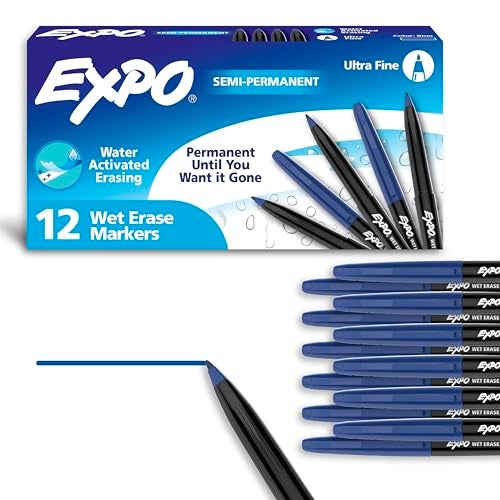 EXPO Wet Erase Markers, Semi-Permanent Markers, Blue, Ultra Fine Tip, 12 Count - Image 1