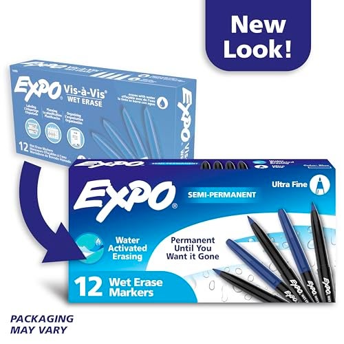 EXPO Wet Erase Markers, Semi-Permanent Markers, Blue, Ultra Fine Tip, 12 Count - Image 3