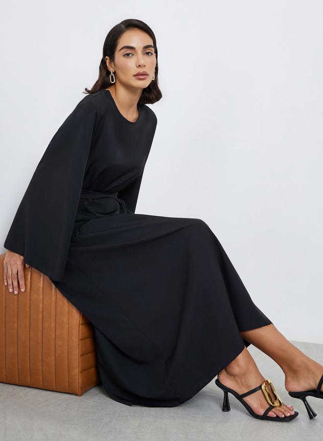 ستايلي فستان طويل قصة واسعة بحزام ربط - Image 1