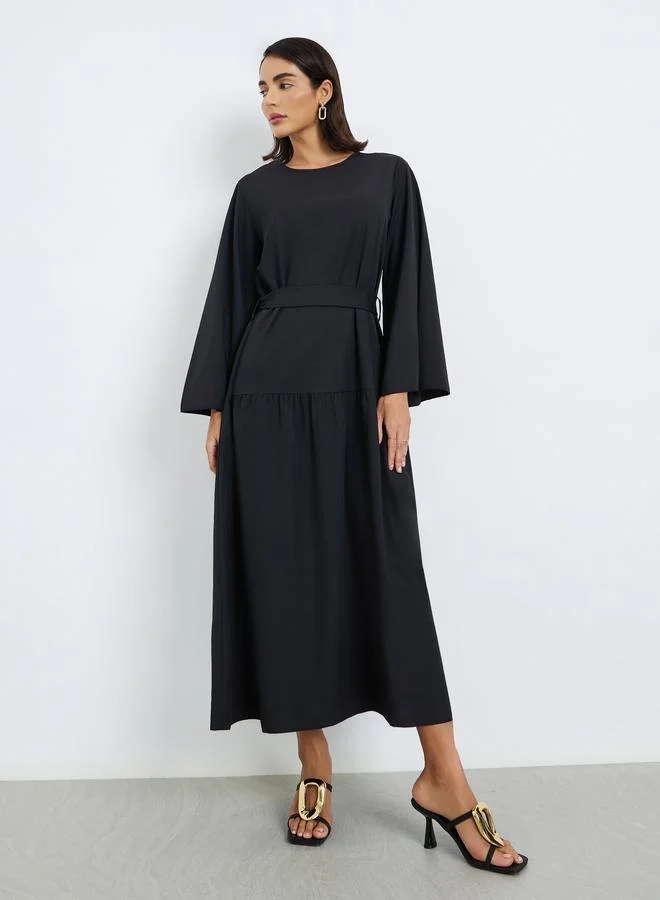 Styli Black A-Line Maxi Dress with Tie Belt