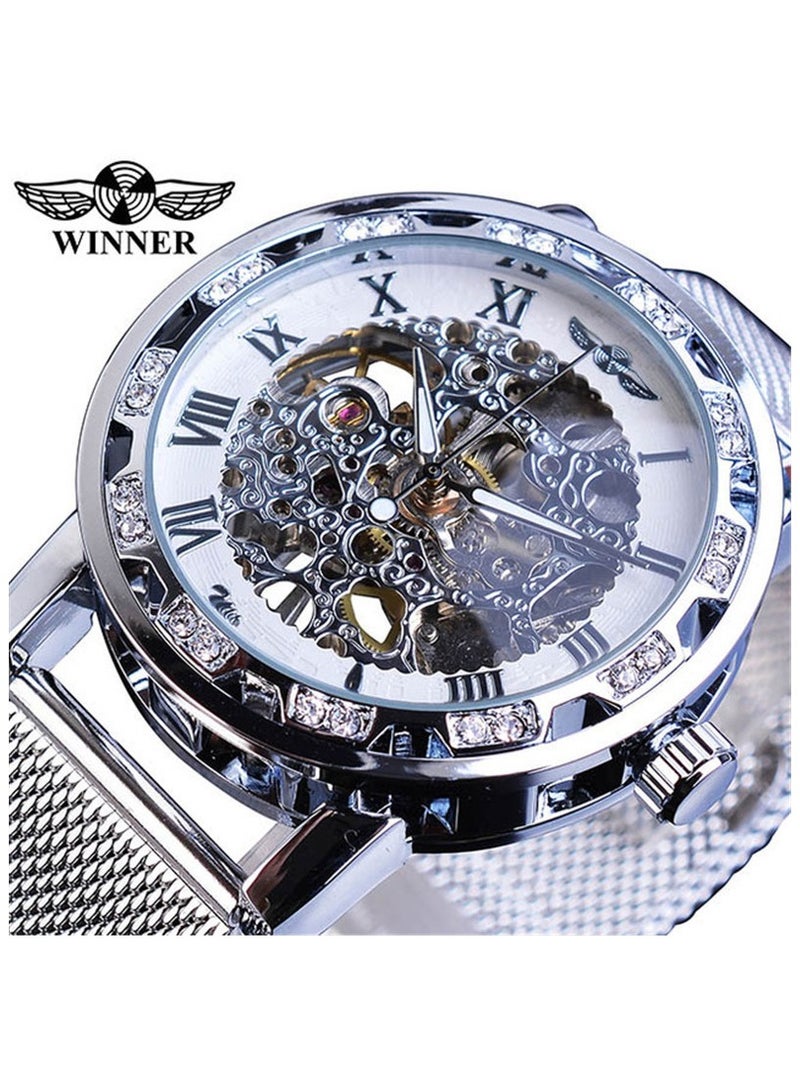 وينر ساعة رجالية ميكانيكية يدوية، كلاسيكية، أنيقة، عصرية، كاجوال، بسوار شبكي مجوف مرصع بأحجار الراين