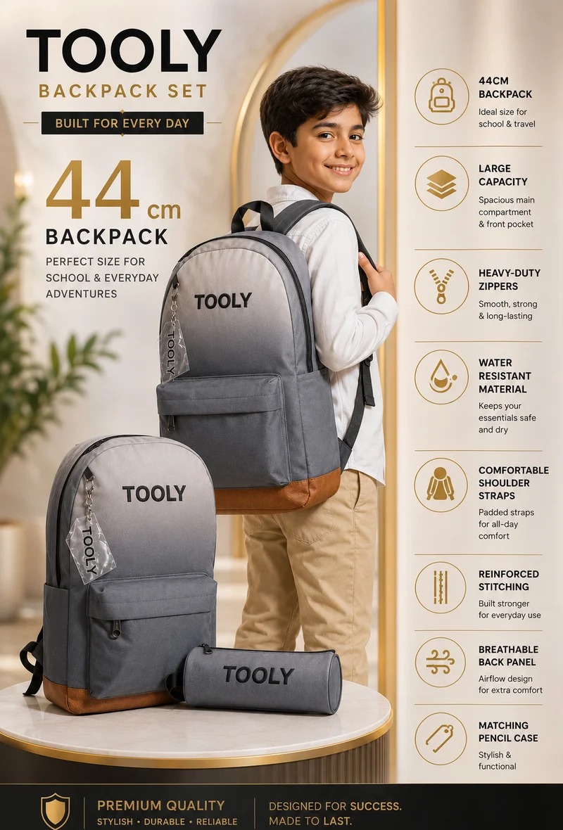 TOOLY Premium 2-Piece Backpack Set – 44cm Water-Resistant School Backpack with Matching Pencil Case | Fits 15.6" Laptop | Lightweight & Durable