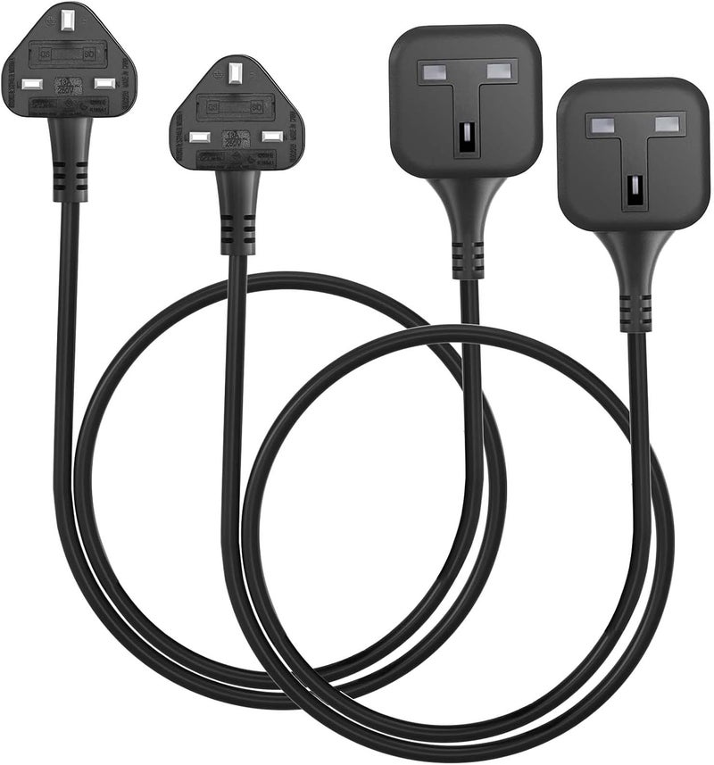 1 Way Extension Lead 1M, 2 piece One-Way Extension Cord with 3-pin British Plug, Travel Use Small Power Cord for power supply to outdoor garden/indoor utility room (Black) - Image 1