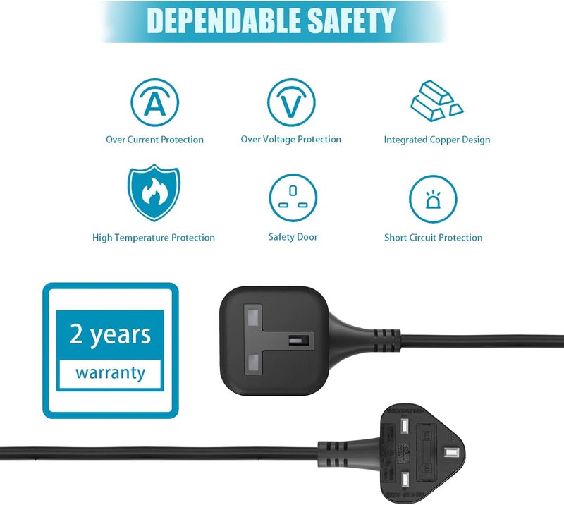1 Way Extension Lead 1M, 2 piece One-Way Extension Cord with 3-pin British Plug, Travel Use Small Power Cord for power supply to outdoor garden/indoor utility room (Black) - Image 2