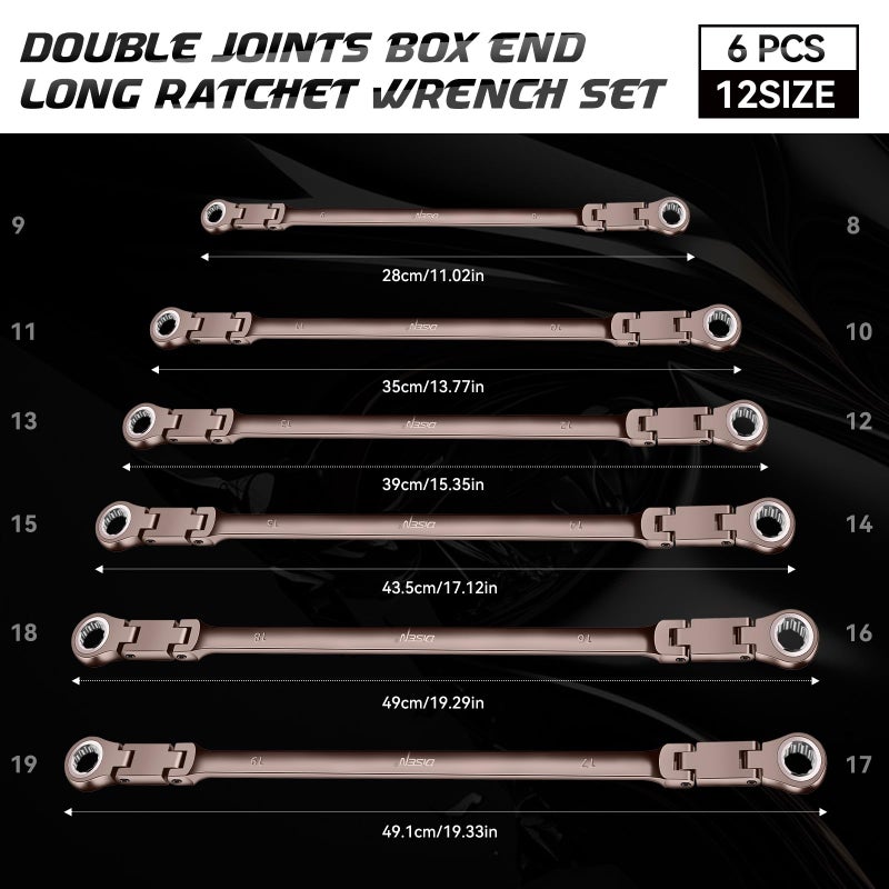 DISEN Upgraded Double Jointed Extra Long Flex Head Ratchet Wrench Set, 6 PCS Metric 8-19mm Box End Ratcheting Wrench set with Magnetic Pickup Tool, 72-Teeth, Cr-V Steel,12 Point, Grey Nickel - Image 4