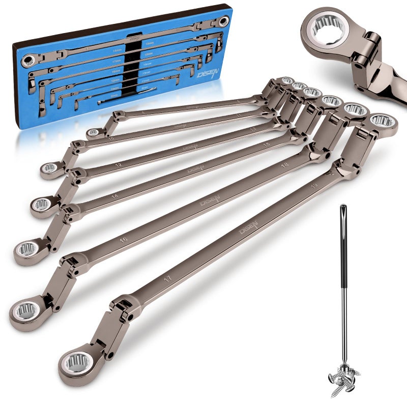 DISEN Upgraded Double Jointed Extra Long Flex Head Ratchet Wrench Set, 6 PCS Metric 8-19mm Box End Ratcheting Wrench set with Magnetic Pickup Tool, 72-Teeth, Cr-V Steel,12 Point, Grey Nickel - Image 1