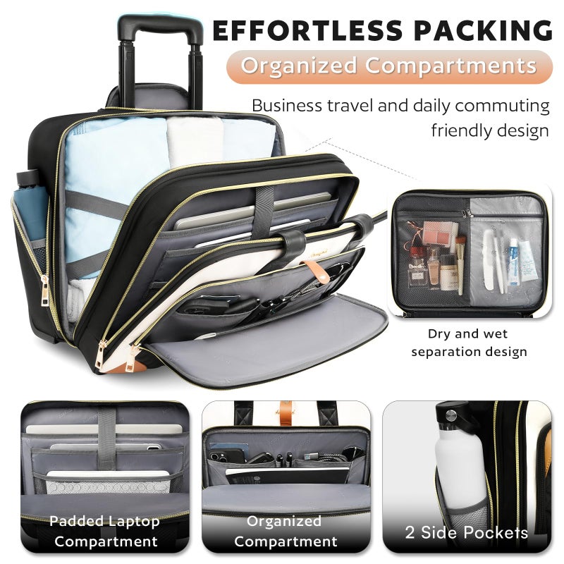 Arcoyard Rolling Laptop Bag, Large Rolling Briefcase for Women with Waterproof Pocket, 17.3 Inch Computer Bag Laptop Case with Wheels, Roller Work Bag for Office Travel Business Teacher, Beige Brown - Image 3