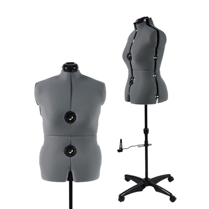 DRESS FORMS FOR SEWING GRAY FEMALE MANNEQUIN ADJUSTABLE SIZE 1218 PINNABLE MODEL BODY WITH 13 DIALS DETACHABLE CASTERS 42560 HEIGHT RANGE FOR CLOTHING DISPLAY MEDIUM TO LARGE