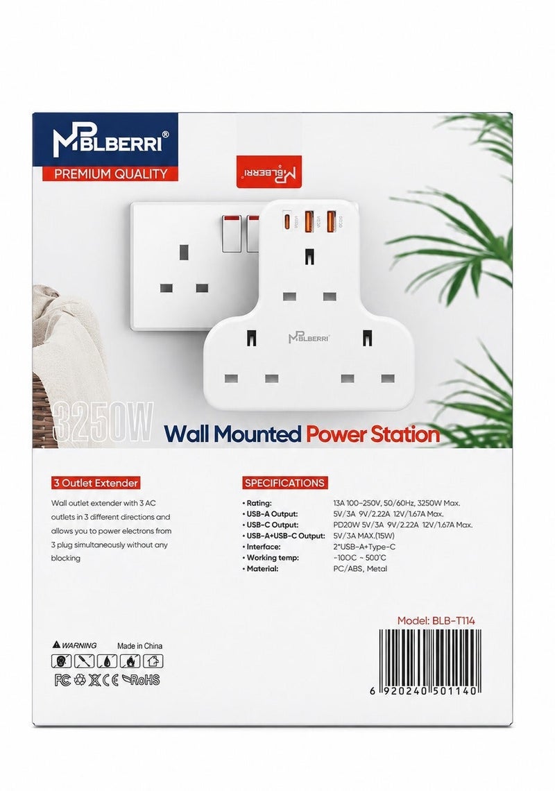 MPBLBERRI Multi Plug Adapter with 20W USB-C PD & Dual USB QC 3.0 Fast Charging 3 Socket Extension Wall Charger for Smartphones, Tablets & Home Appliances - Image 5