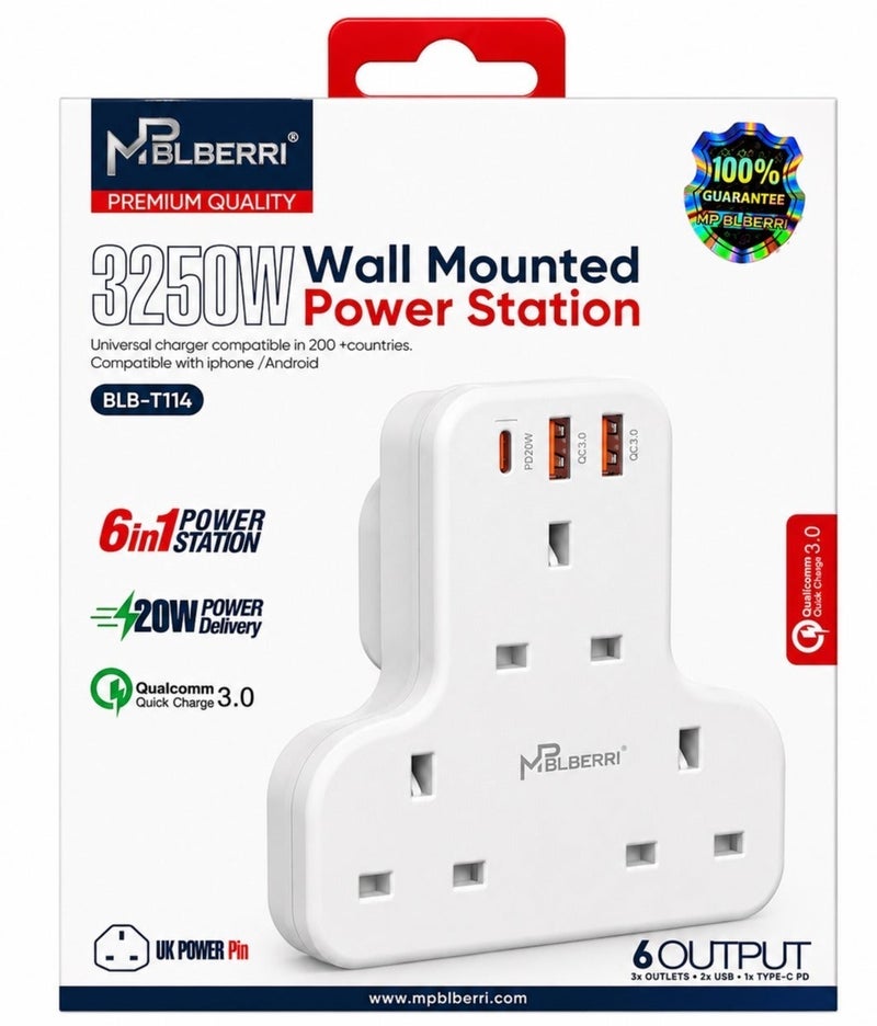 MPBLBERRI Multi Plug Adapter with 20W USB-C PD & Dual USB QC 3.0 Fast Charging 3 Socket Extension Wall Charger for Smartphones, Tablets & Home Appliances - Image 1