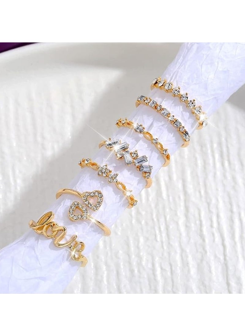 Huitich 7-Piece Gold Colour Plated Crystal & Letter Ring Set Elegant & Trendy  - Image 2