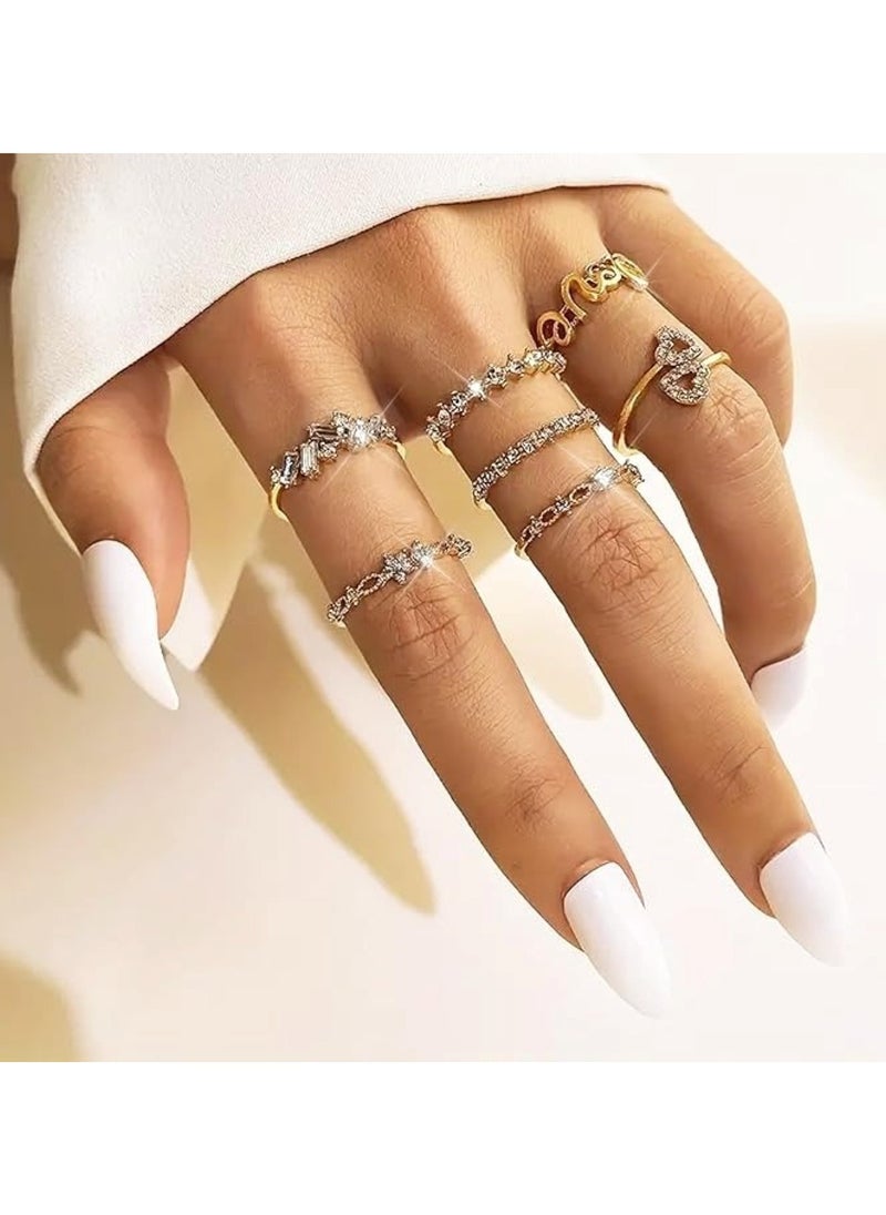 Huitich 7-Piece Gold Colour Plated Crystal & Letter Ring Set Elegant & Trendy  - Image 3