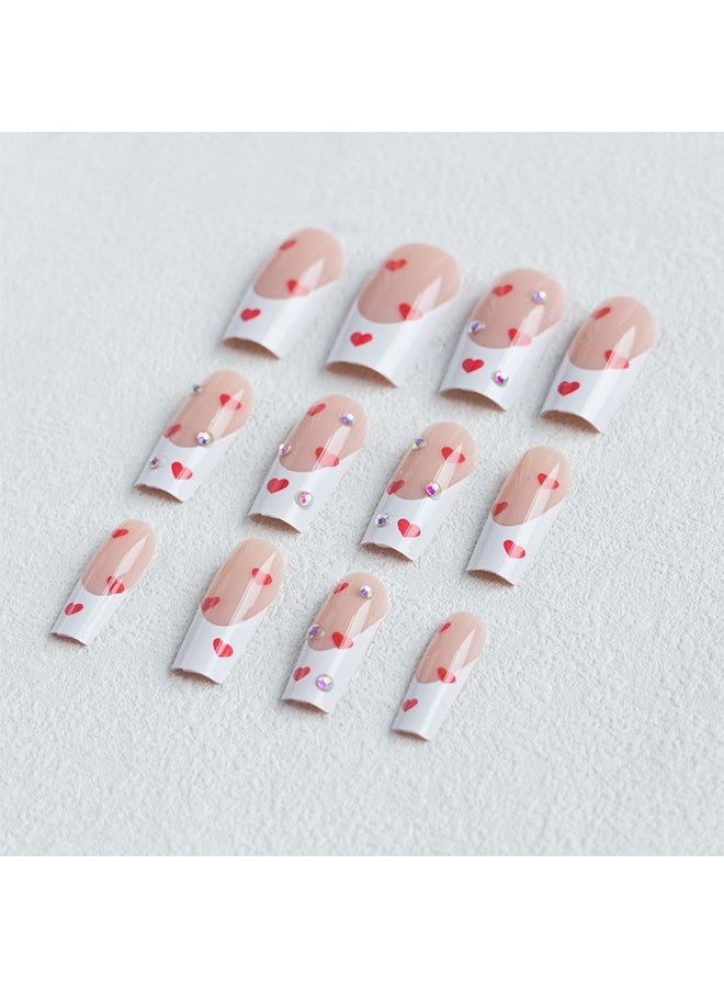 أظافر صناعية للضغط في عيد الحب، متوسطة الحجم، مربعة، أبيض مع حافة فرنسية، حجر الراين، قلب أحمر، تصاميم أظافر مزيفة، أظافر أكريليكية صناعية مع غراء للضغط، أظافر عيد الحب للنساء والفتيات، 24 قطعة - Image 3