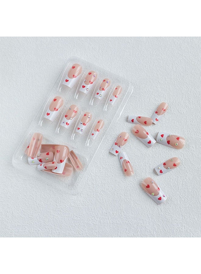 أظافر صناعية للضغط في عيد الحب، متوسطة الحجم، مربعة، أبيض مع حافة فرنسية، حجر الراين، قلب أحمر، تصاميم أظافر مزيفة، أظافر أكريليكية صناعية مع غراء للضغط، أظافر عيد الحب للنساء والفتيات، 24 قطعة - Image 5