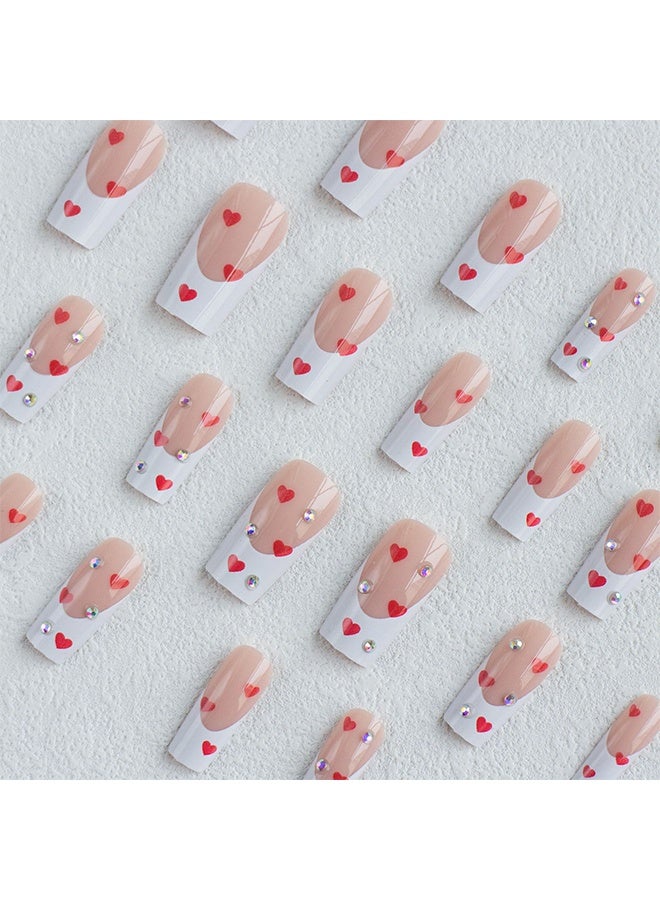أظافر صناعية للضغط في عيد الحب، متوسطة الحجم، مربعة، أبيض مع حافة فرنسية، حجر الراين، قلب أحمر، تصاميم أظافر مزيفة، أظافر أكريليكية صناعية مع غراء للضغط، أظافر عيد الحب للنساء والفتيات، 24 قطعة - Image 4
