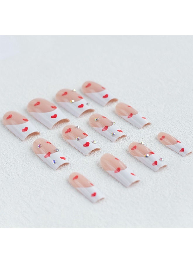 أظافر صناعية للضغط في عيد الحب، متوسطة الحجم، مربعة، أبيض مع حافة فرنسية، حجر الراين، قلب أحمر، تصاميم أظافر مزيفة، أظافر أكريليكية صناعية مع غراء للضغط، أظافر عيد الحب للنساء والفتيات، 24 قطعة - Image 2