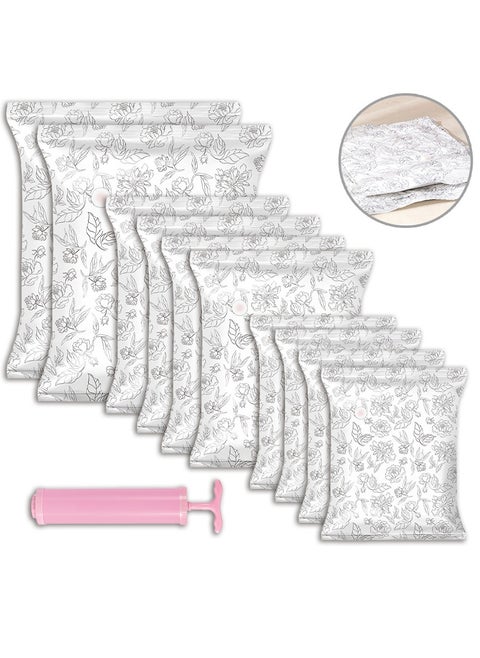 White Compression Bags with Pattern, Vacuum Compression Storage Bag Set with Hand Pump, Pack of 10 for Home Storage