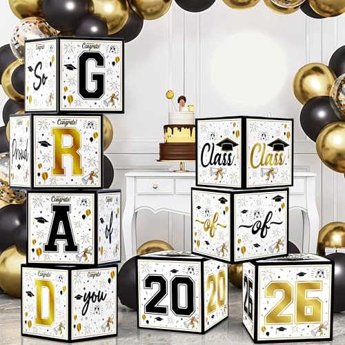 OHOME 8 Pack Graduation Decorations 2026 Black Gold Balloon Boxes for Class of 2026 Party Favors Supplies Graduation Party Decorations 2026 Yard Signs Banner Backdrop Decor Black - Image 1
