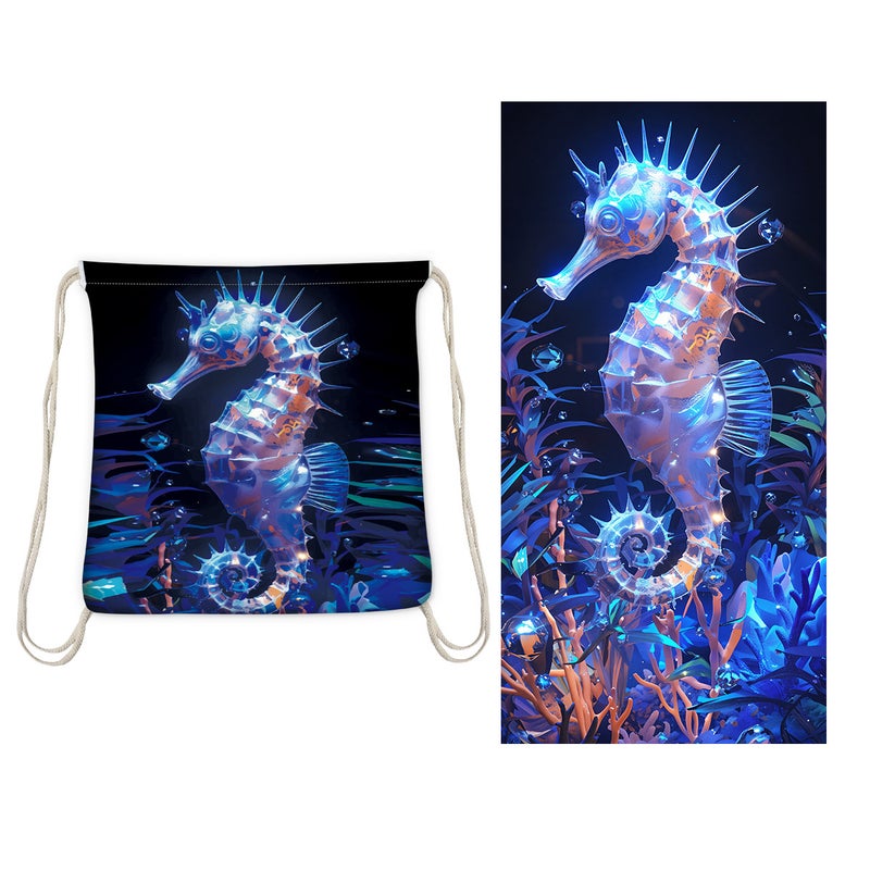 Multifunctional printed bath towel can be converted into portable backpack bag. Soft absorbent fabric, lightweight and easy to carry, great for beach, swimming and travel.